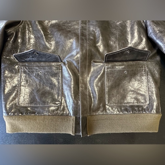 Olive goat skin Bomber Jacket with Ribbed Accents - Picture 9 of 15